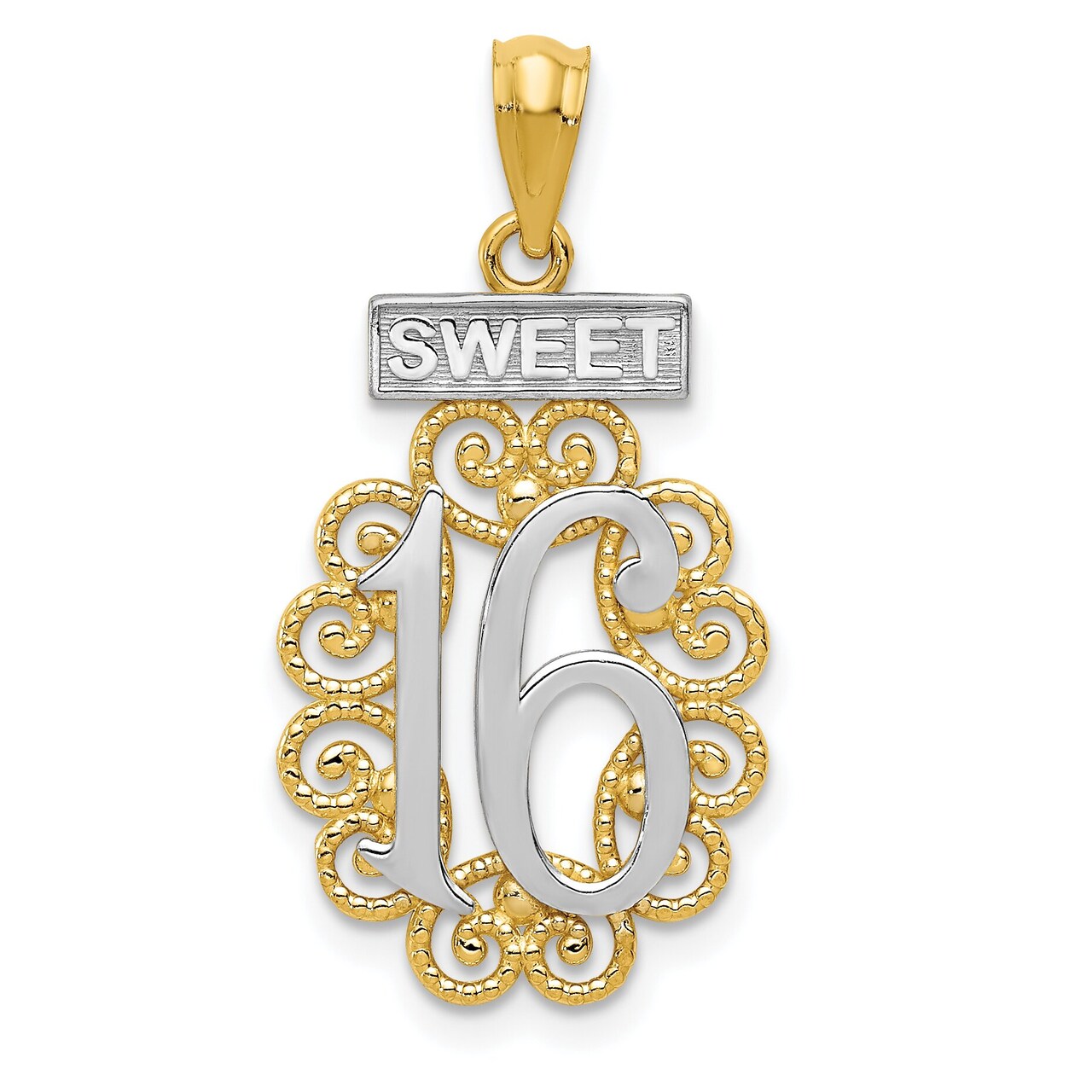 14K Two Tone Gold Sweet 16 Charm Happy Birthday Pendant Jewerly 27mm x 13mm